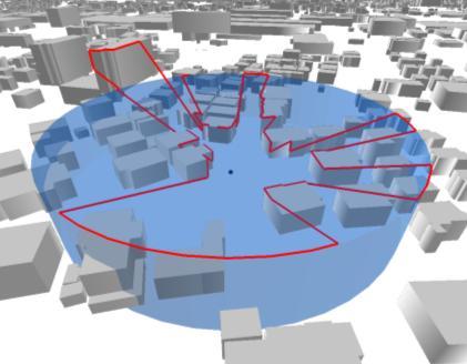 The following is description of the method used to calculate the "rate of building blocking." 1) Polygon data of buildings are put into 3D representing by their height.