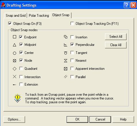 6: Tools menu, Drafting Settings Snap is turned on Fig.7 Drafting Settings ensure Object 6. Check the current co-ordinates of the drawing.