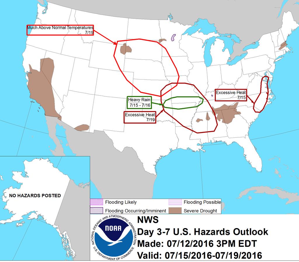 3 7 Day Hazards Outlook WeatherManager Weekly Commentary: The map is the 3-7 Day weather hazards map with much above normal temperatures in the Western Belt/High Plains, excessive heat in the SW Belt