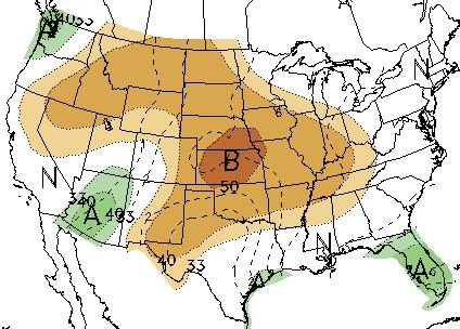 The precipitation outlook below forecasts above normal rain isolated in the corners of the US as a dome of high pressure accompanied with the heat sets up below to much below normal rainfall to