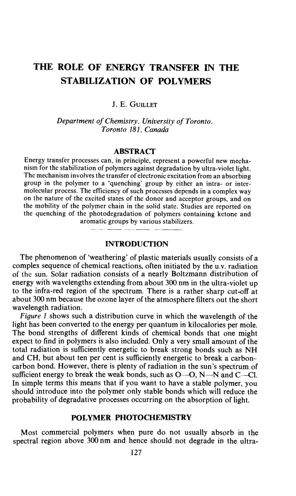 THE ROLE OF ENERGY TRANSFER IN THE STABILIZATION OF POLYMERS Department of Chemistry.