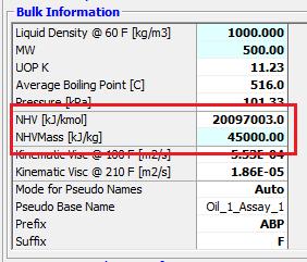 Now provide the NHVMass bulk value for this oil, let s assume that it is 45,000 kj/kg and cut the oil.