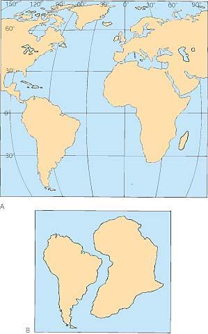 (A)Normal position of the continents on a world map.