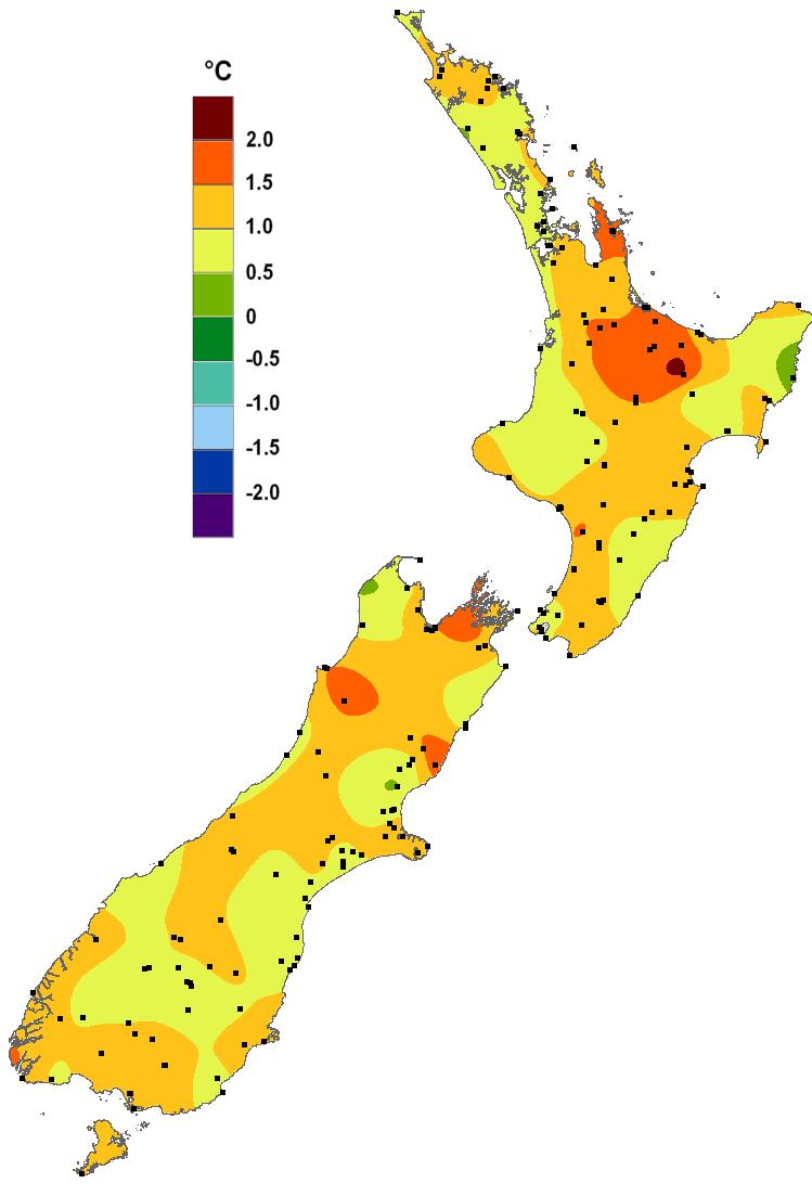 Summer 2018-19 temperature, expressed as a difference from average (1981-2010 average). It was New Zealand s 3 rd -warmest summer on record.