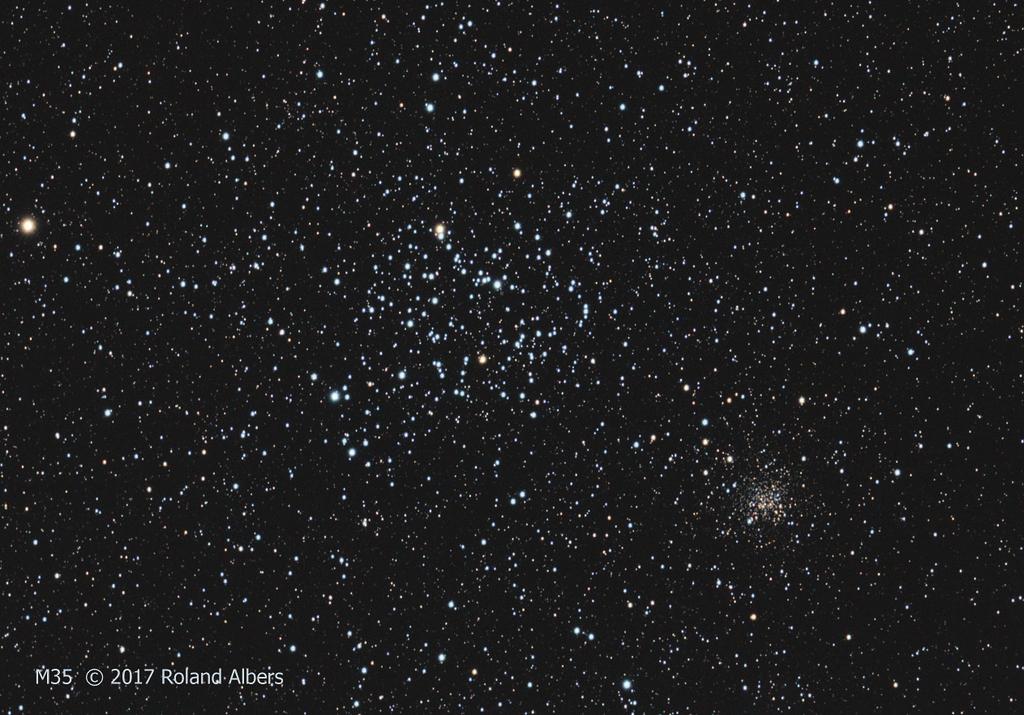 Member Astrophotos Image Caption: Roland Albers took this first light image of the open clusters M35 (center) and NGC2158 (lower-right) from his backyard in Pleasanton.