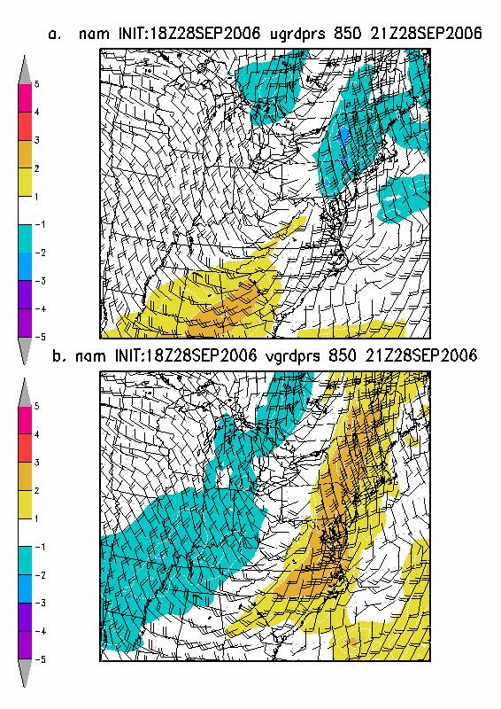 Figure 6. NAM 3-hour forecast valid at 2100 UTC showing the 850 hpa winds and a) the 850 hpa U-wind anomalies and b) the 850 hpa V-wind anomalies. Figure 7.