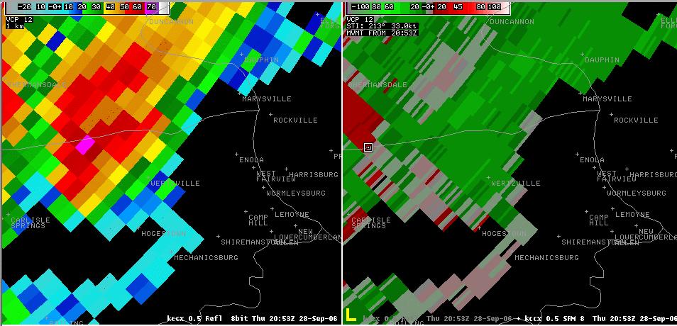 Figure 11. KCCX 0.5 degree reflectivity and SRM data valid at (upper) 2053 and (lower) 2157 UTC.