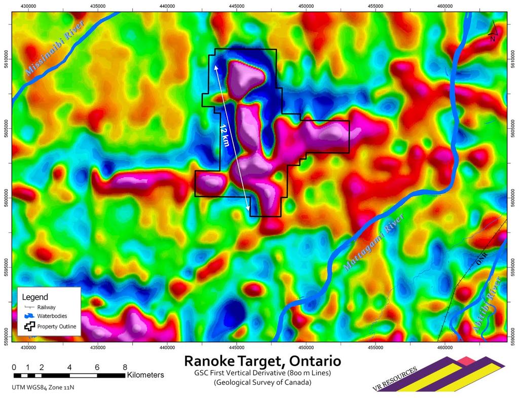 Figure 2. First vertical derivative magnetic map of the Ranoke property, from the Geological Survey of Canada regional magnetic survey.
