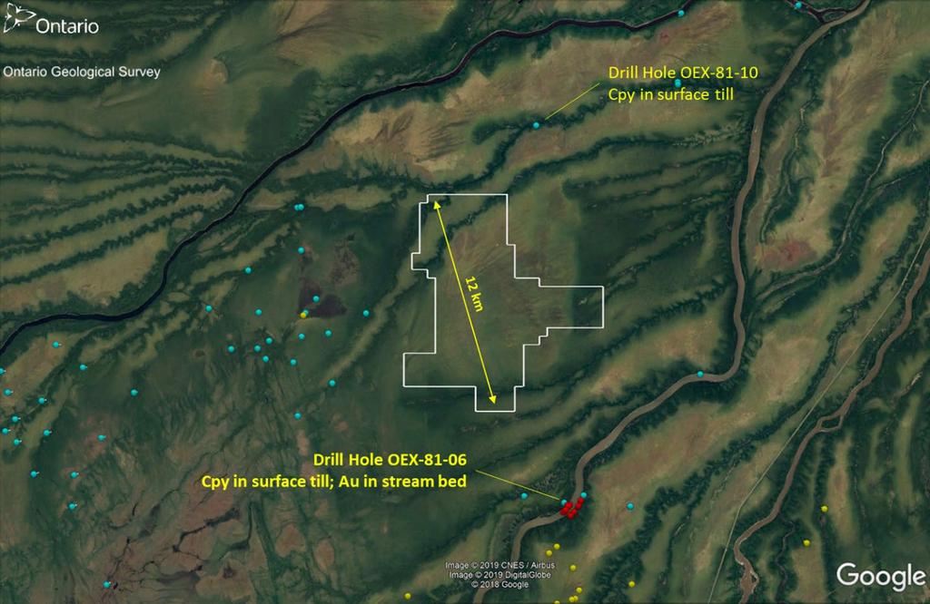 Figure 4. Satellite image of the Ranoke property, showing the location of copper and gold grains documented in coal exploration drill holes nearby to the Ranoke magnetic anomalies.