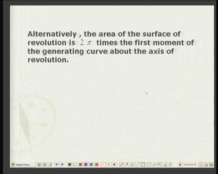 (Refer Slide Time: 8:42 min) Alternately, we can state that the area of the surface of revolution is two pi times the first moment, that yc into capital L or line integral of y into