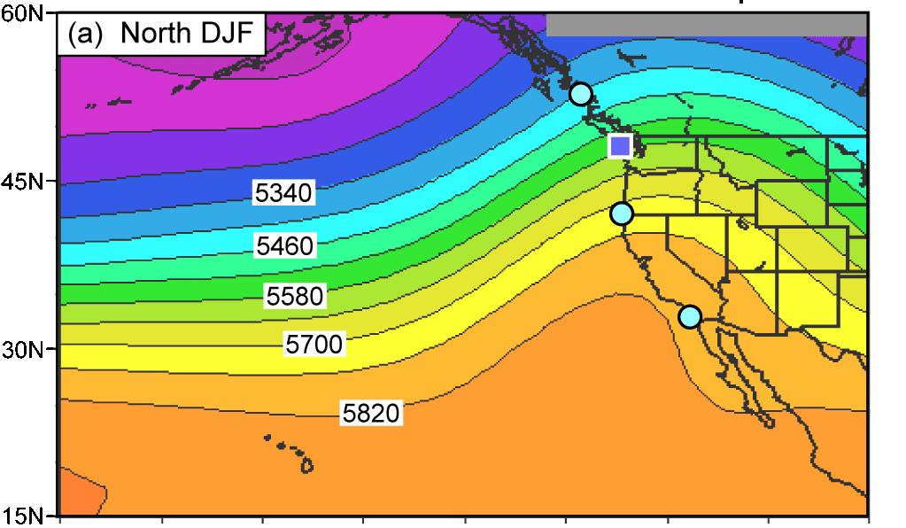 500 hpa Z Mean (m) Composite Reanalysis Fields North Coast Winter
