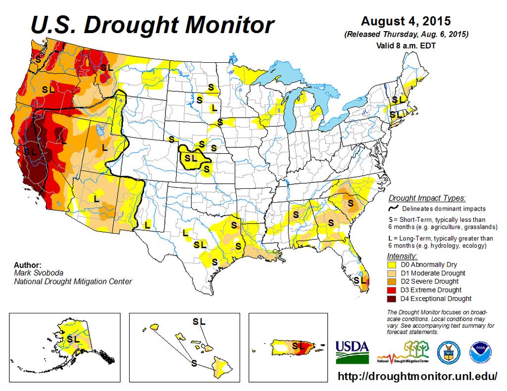 The lower map is the Drought Monitor as of last Thursday. Moderate to exceptional drought maintained its hold on the West with extreme drought in the Pacific Northwest.