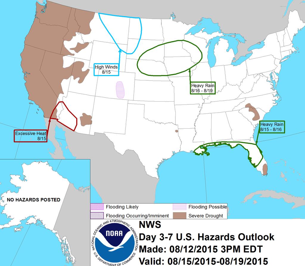 Hazards Outlook Commentary: The map is the 3-7 Day weather hazards map for the US.