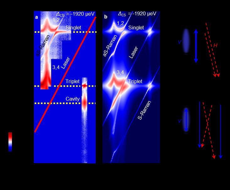 Supplementary Figure 6 Control of the spin exchange energy (a) Two-dimensional spectral map taken in a (V, H) polarization configuration demonstrating cavity-enhanced AC Stark shifts and Autler