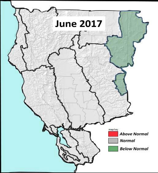Normal to Below Normal JUNE-SEPT HIGHLIGHTS: Abundant snow pack after very wet 2016-17 rainy season, producing heavy runoff. Robust fine fuel crop at lower elevations and Far East Side.