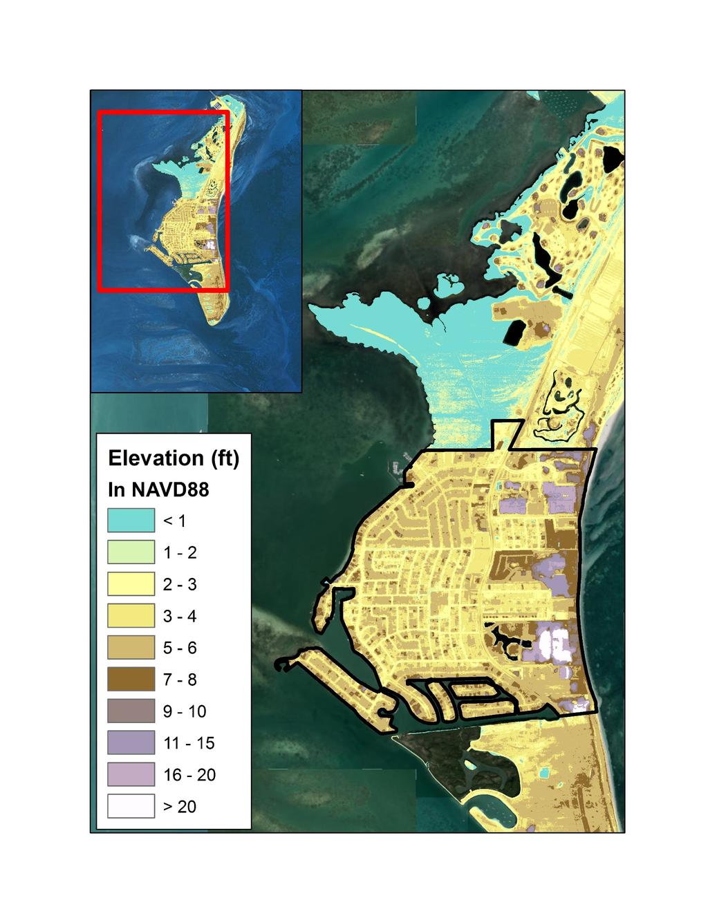 Fig. 6. Airborne LiDAR high- resolution elevation map showing range of elevation in Village of Key Biscayne: Areas below sea level are indicated in red.
