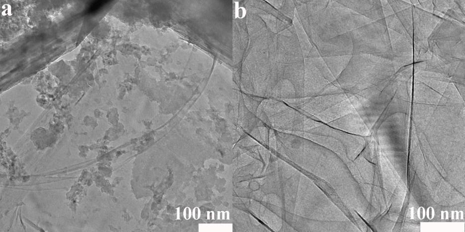 Fig. S6 TEM images of compared samples prepared through electrochemical exfoliation and then solvothermal treatment in (a) dimethylsulfoxide (DMSO) and (b) methylpyrrolidone (NMP).