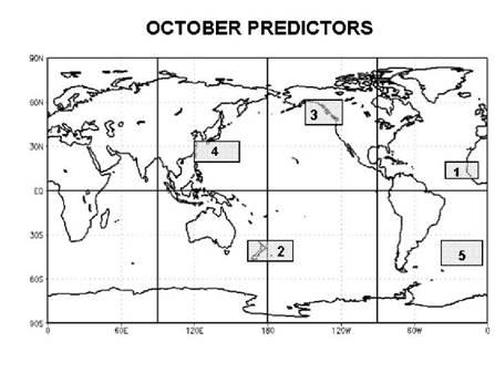 Figure 6.5: Global map showing locations of early October predictors for October-only tropical cyclone activity. Table 6.