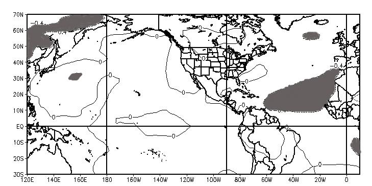 Figure 5.2: Linear correlation map between June-July sea level pressure and post-1 August NTC from 1949-1989. Areas shaded in gray correlated at (r > 0.