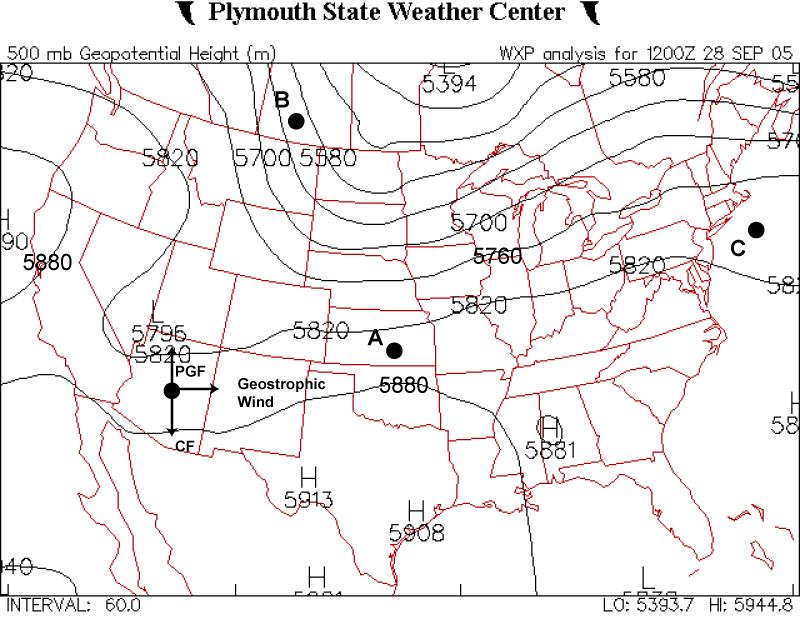 1a. (6pts) At each of the labeled dots (A, B, and C) on this surface weather map draw an arrow emerging from the dot to indicate the direction of the horizontal pressure gradient force.