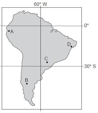 4. The map below shows four locations, A, B, C, and D, on the continent of South