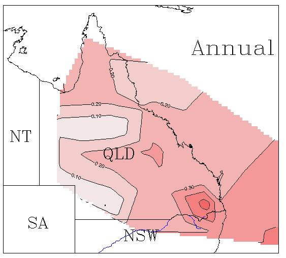 3. Changes in the MSLP across the Queensland Region Contoured plots of the decadal trend in seasonal and annual MSLP from the Queensland region are shown in figure 3.