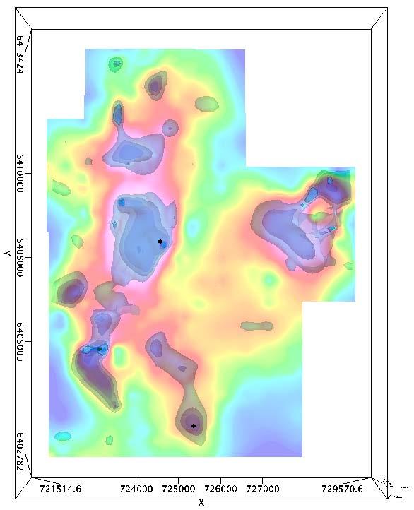 Key areas selected for 3D inversion modelling in yellow polygons. IOCG targets as stars. Figure width ~33km.