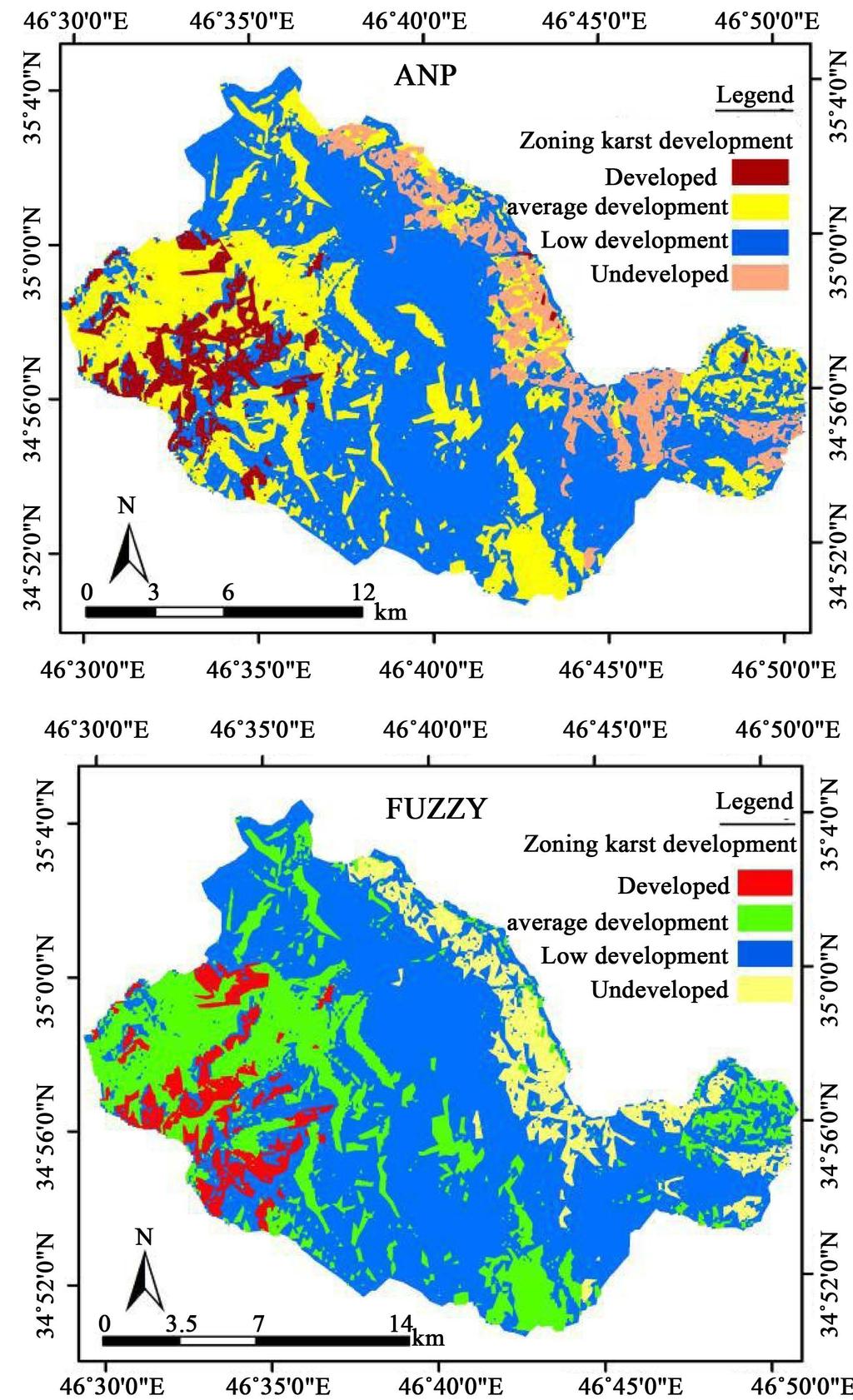 Figure 11. Karst expansion zoning of the studied district by using fuzzy model and ANP. Table 3. Karstic classifications area percentage in the studied zone.