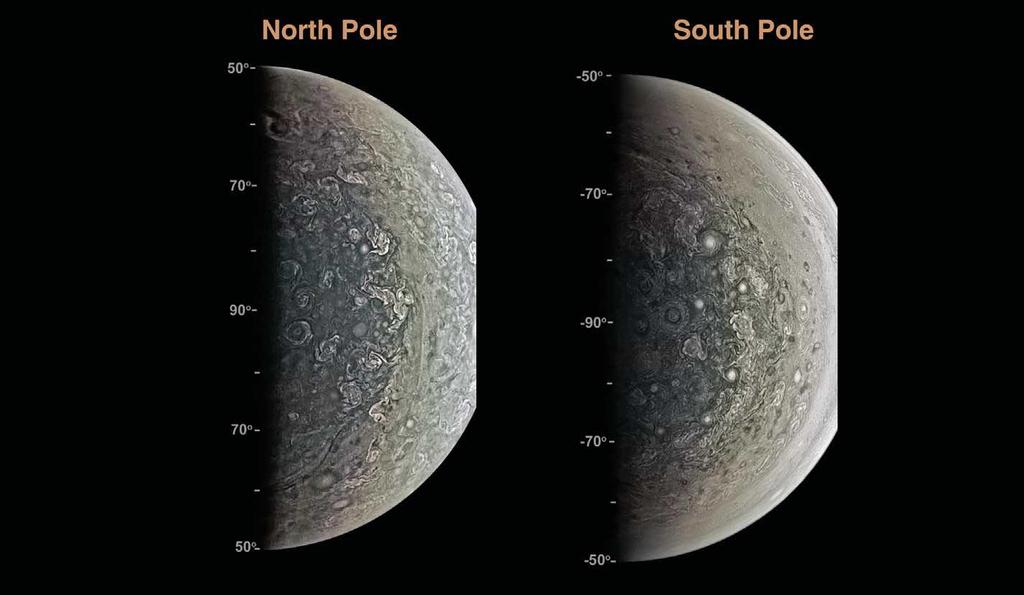 JUNO CAM Orthographic projection of JunoCam color composite images of the north and south polar regions of Jupiter obtained 27 August 2016.