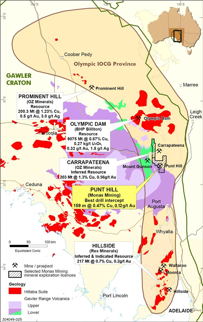 Figure 3. Olympic IOCG Province, Gawler Craton, South Australia, showing location of the Company s Punt Hill Project and other IOCG deposits.