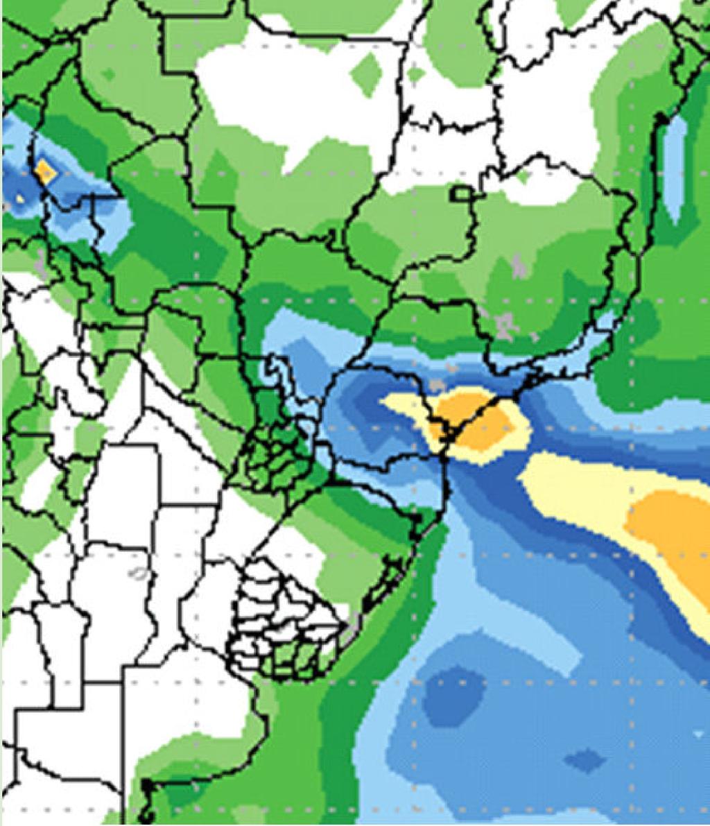Heavier rains are forecast through central Brazil in the 6 to 10 day outlook, but most of Argentina remains in a dry pattern. Isolated rains could fall on the Argentine coast in this period.