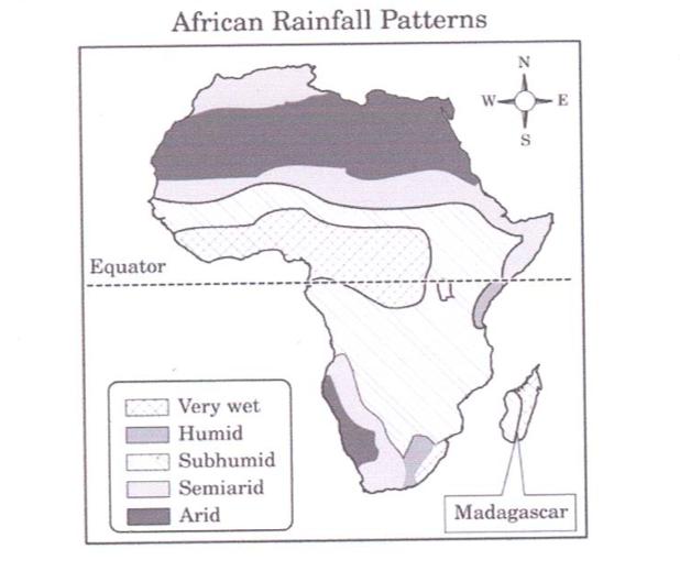 19. Which statement is supported by information on the map? A. The area next to the equator in Africa is mostly dry B. Rainfall is distributed unevenly in Africa. C.