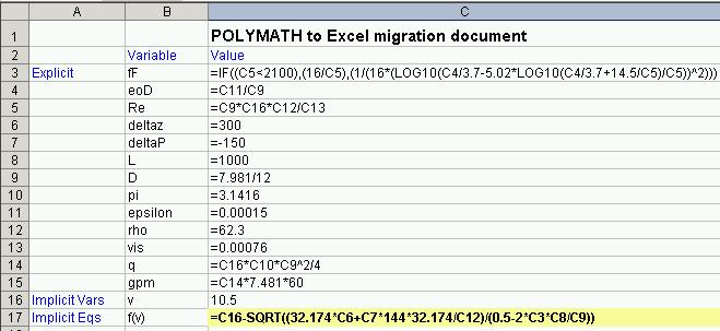 After the correct solution as given in the problem statement is obtained, the model equation set can be converted to an Excel worsheet using a single command within POLYMATH.