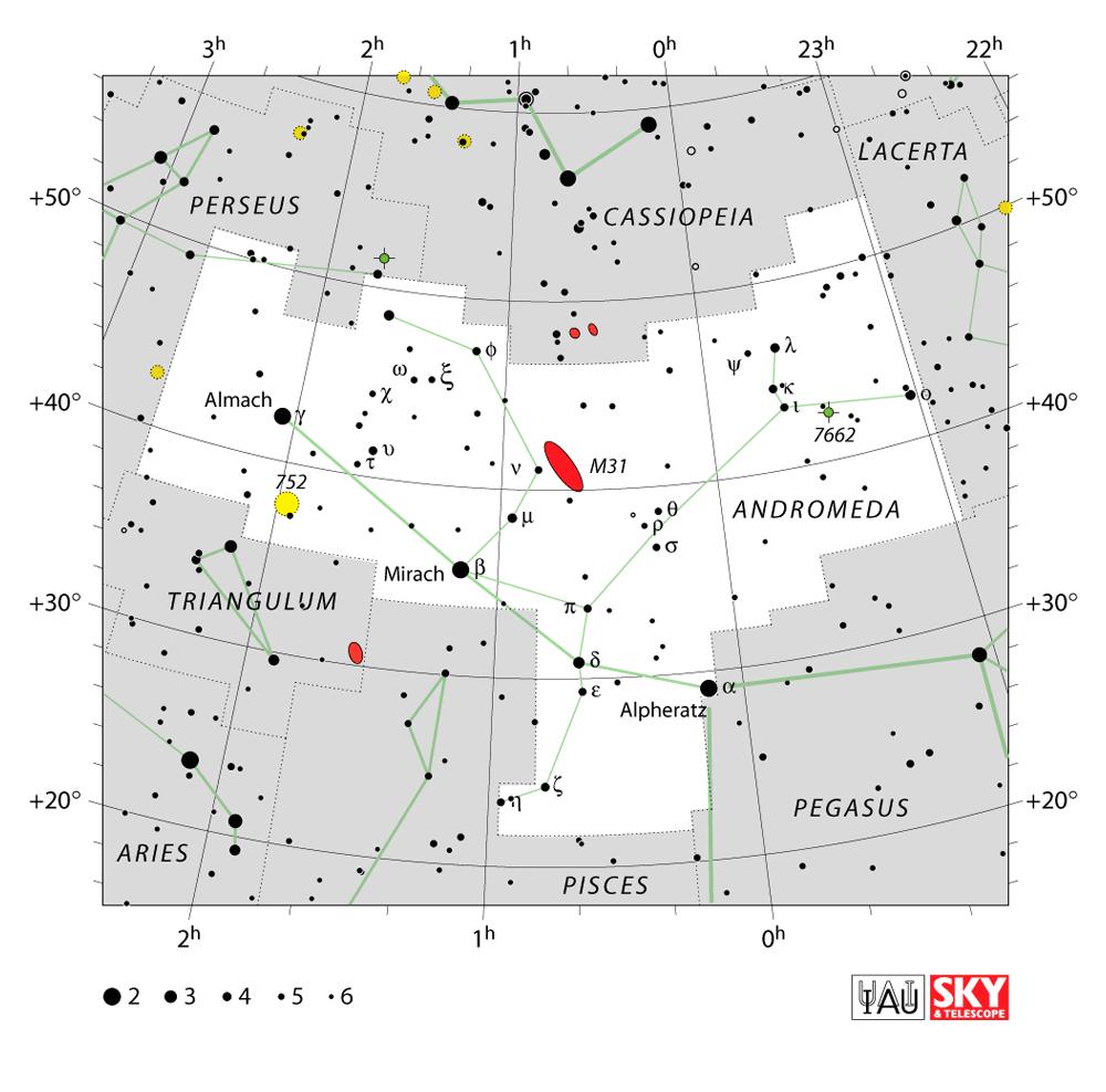 M31 Andromeda Galaxy Chart 12 Andromeda RA 00h 42.7m Dec +41 16m Size 189 x 61 Mag 3.