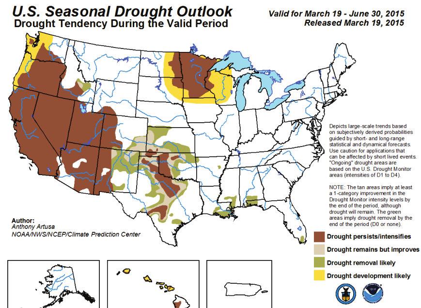 Current Drought Update Commentary: The upper map is the Drought Outlook from now to the end of June.