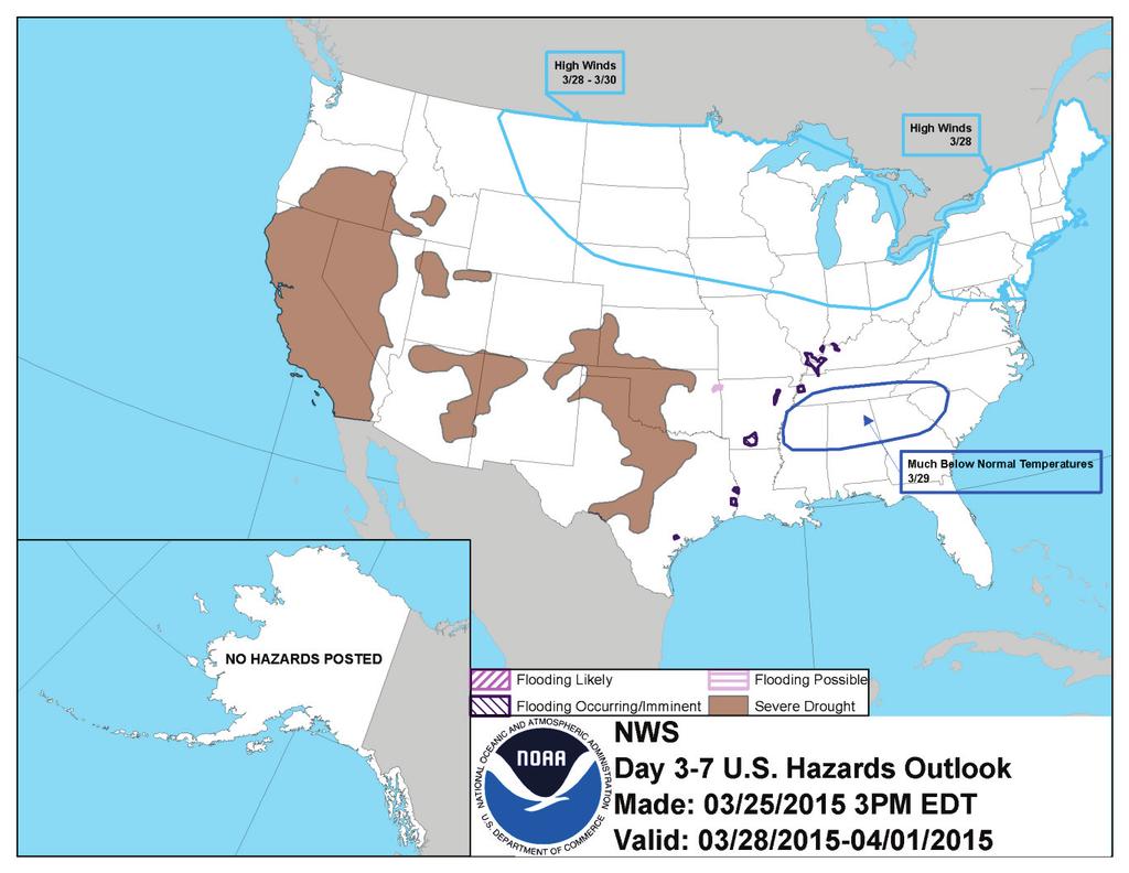 Hazards Outlook Commentary: The upper map is the 3-7 Day weather hazards map for the US with one I haven t seen before Flooding Occurring/Imminent along the Midwest rivers, Much Below Normal Temps in