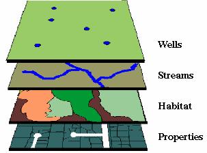 Examples of types of layers Points Lines Polygons Areas Businesses Highways Countries Cities,towns City Streets Postal Codes Hospitals Power Lines Tax Parcels Power Poles Rivers Census Tracts