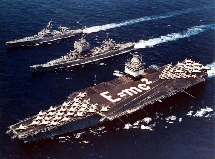 The world's first nuclear-powered task force Task Force 1 USS Enterprise, USS Long Beach & USS Bainbridge in formation in the Mediterranean, 18 June 1964 Enterprise has