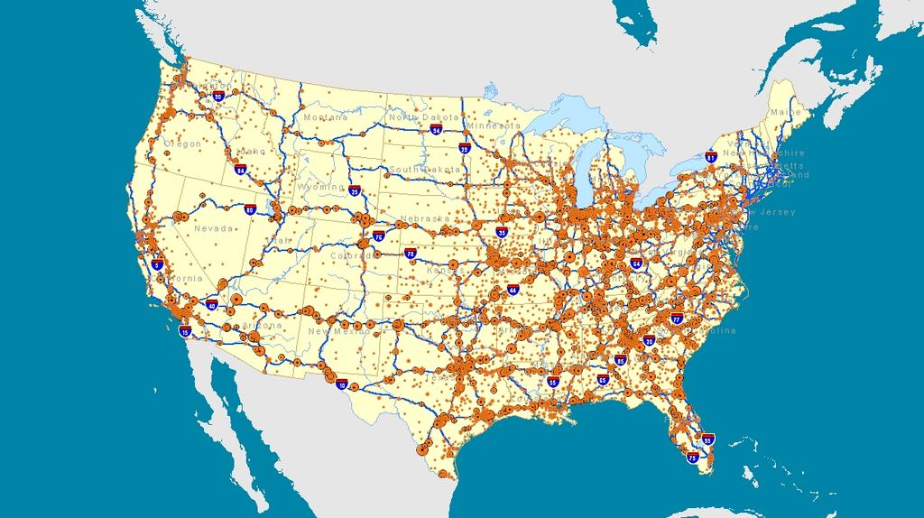 Since these transactions are sprinkled along the Interstates that crisscross the country, it is possible to zoom in on the manufacturing centers of the Midwest, or the ports on the East and West and