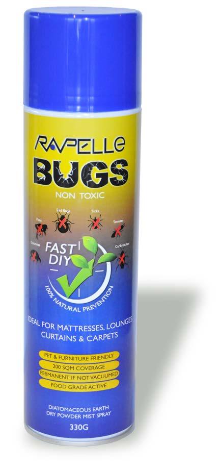 Rapelle Bugs DE DRY POWDER SPRAY Rapelle Bugs 330g Aerosol is: A WORLD FIRST! 100% Non Toxic & Natural. Rapelle Bugs Contains food grade Diatomaceous Earth (DE), Alcohol and Eucalyptus Oil.