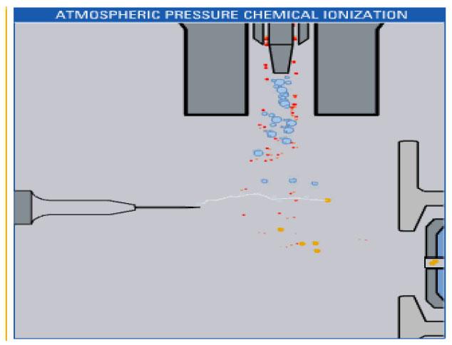 APCI (Atmospheric Pressure Chemical Ionization) Chemical ionization process where the solvent