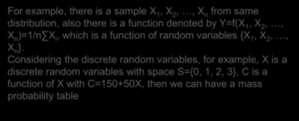 Introduction For example, there is a sample X 1, X 2,, X n from same distribution, also there is a function denoted by Y=f(X 1, X 2,, X n )=1/n X i, which is a function of random variables {X 1, X