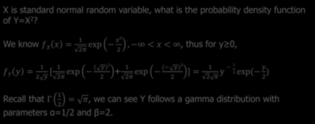 Application in Normal Distribution X is standard normal random variable, what is the probability density function of Y=X 2?