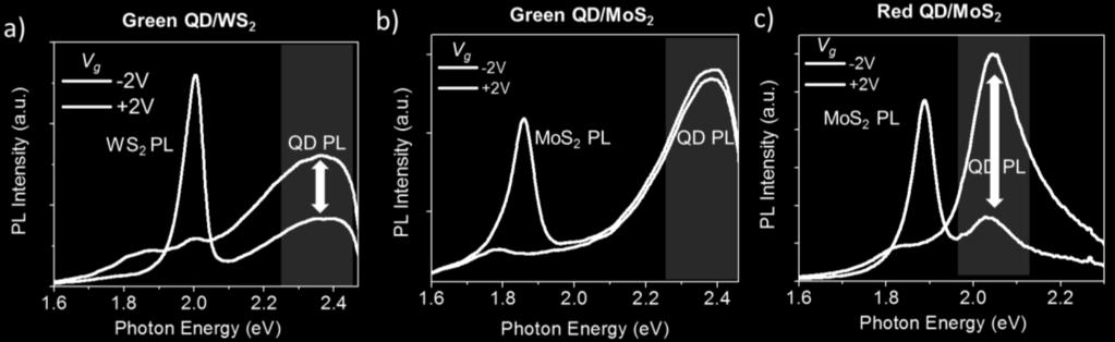 The emission peak of these QDs is in resonance with excitonic absorption peak of WS 2 (b) QD/MoS 2 devices with QDs emitting at ~2.