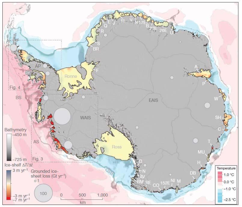 Figure 11: Loss of ice from the grounded portion of the Antarctic ice sheet (colours on the Antarctic continent).