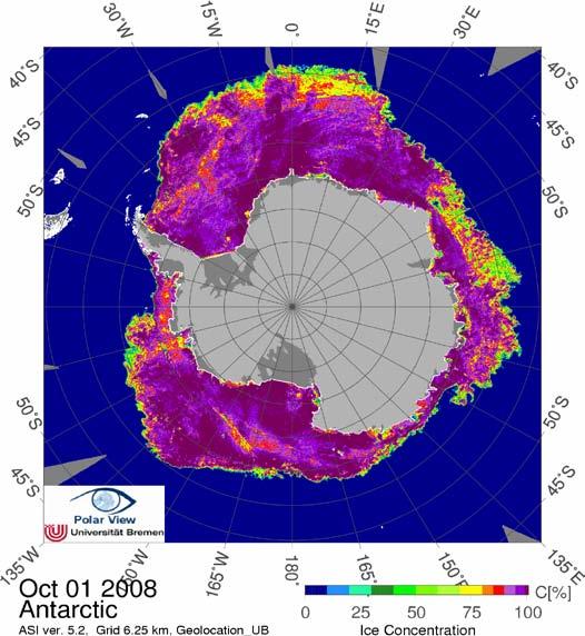 The total area covered by Antarctic sea ice expands from 4 x 106 km2 in