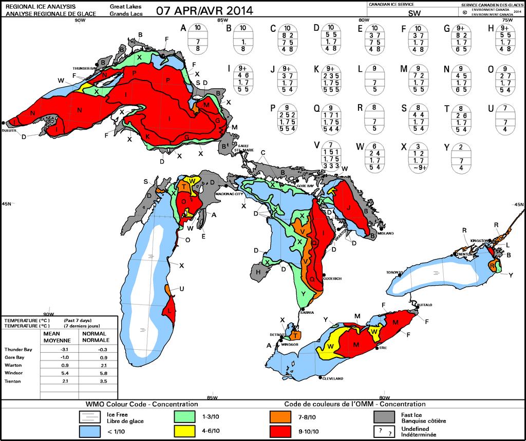 Climate Change Impacts to Great Lakes Ice Coverage Ice coverage as of January 22, 2013 Between 1972 and 2010 ice coverage on Lake Huron declined by 62% Ice is forming later