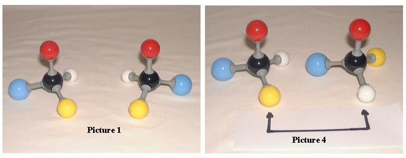 7.2. STEREOISOMERISM 137 Picture 1 shows the two isomers side by side and an attempt to line them up identically is shown in Picture 4. The arrow shows one of the points of mismatch.