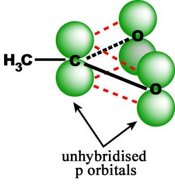 4.2. PHYSICAL PROPERTIES 73 Figure 4.6: Delocalisation in the ethanoate ion The unhybridised p orbitals are close enough to overlap to form a delocalised ß-system (Figure 4.6).