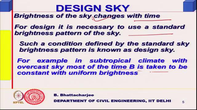 (Refer Slide Time: 20:49) So, brightness of the sky changes with time, for design it is necessary to use a standard by bright brightness pattern of the sky and such a condition defined by standard